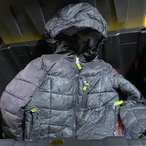 Champion Kids Black Puffer Jacket with Neon Green Zippers